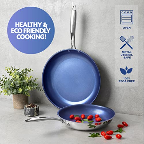 Granitestone 10 Inch Non Stick Frying Pan Nonstick Stainless Steel Pan with Diamond Coating for Long Lasting Nonstick Frying Pan Skillet for Cooking, Induction/Oven/Dishwasher Safe, Non Toxic - Blue