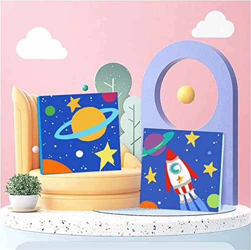 WUSARPLY 2 Pcs DIY Paint by Numbers for Kids - Premium Moon Star Painting Canvas with Wooden Framed Easy Number Painting Set for Girls Boys Beginner Colorful Sun Rocket Pattern 7.8"x7.8"