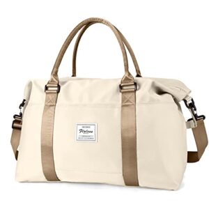 travel duffel bag for women, sports tote gym bag, shoulder weekender overnight bag with wet pocket & trolley sleeve,light beige & brown