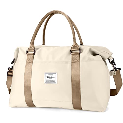 Travel Duffel Bag for Women, Sports Tote Gym Bag, Shoulder Weekender Overnight Bag with Wet Pocket & Trolley Sleeve,Light Beige & Brown