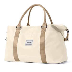 Travel Duffel Bag for Women, Sports Tote Gym Bag, Shoulder Weekender Overnight Bag with Wet Pocket & Trolley Sleeve,Light Beige & Brown