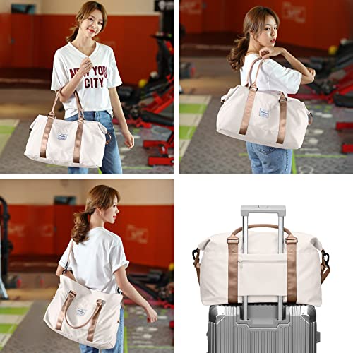 Travel Duffel Bag for Women, Sports Tote Gym Bag, Shoulder Weekender Overnight Bag with Wet Pocket & Trolley Sleeve,Light Beige & Brown