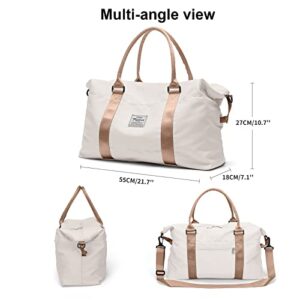 Travel Duffel Bag for Women, Sports Tote Gym Bag, Shoulder Weekender Overnight Bag with Wet Pocket & Trolley Sleeve,Light Beige & Brown