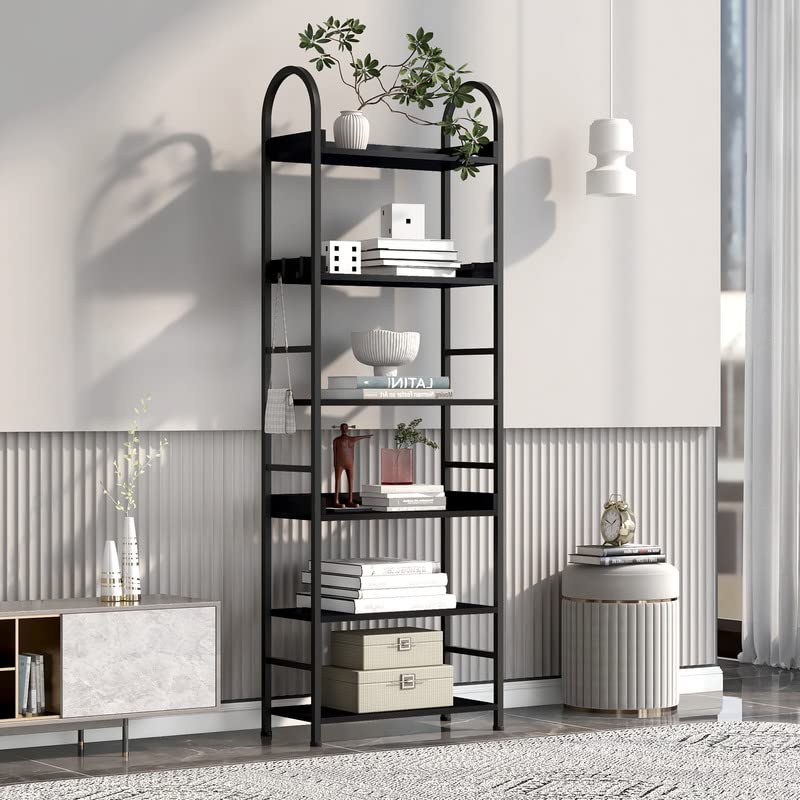 Tejomi 6-Tier Tall Bookshelf, 70.8" Industrial Wooden Bookcase with Open Shelves, Free Standing Metal Storage Rack Display Rack for Living Room, Office, Hallway, Kitchen - Black