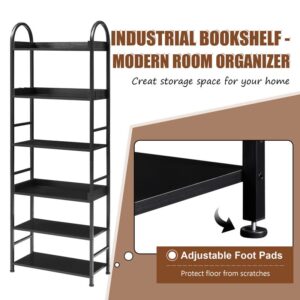 Tejomi 6-Tier Tall Bookshelf, 70.8" Industrial Wooden Bookcase with Open Shelves, Free Standing Metal Storage Rack Display Rack for Living Room, Office, Hallway, Kitchen - Black