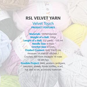 RSL YARN Velvet Yarn 2 SKEINS 100g(132yds) Yarn for CROCHEITING Crochet Yarn 120m Crochet Yarn Baby Yarn Blanket Yarn Chenille Yarn Thick Yarn Knitting Yarn Soft Yarn AMIGURUMI Yarn Plush Yarn (103)