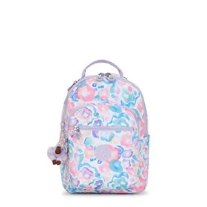 kipling women's seoul small backpack, durable, padded shoulder straps with tablet sleeve, aqua flowers, 10''l x 13.75''h x 6.25''d