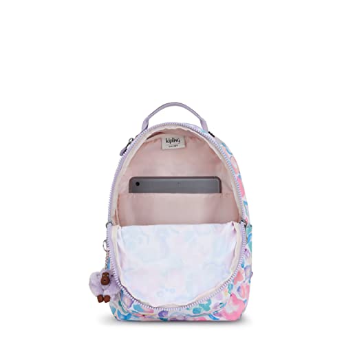 Kipling Women's Seoul Small Backpack, Durable, Padded Shoulder Straps with Tablet Sleeve, Aqua Flowers, 10''L x 13.75''H x 6.25''D