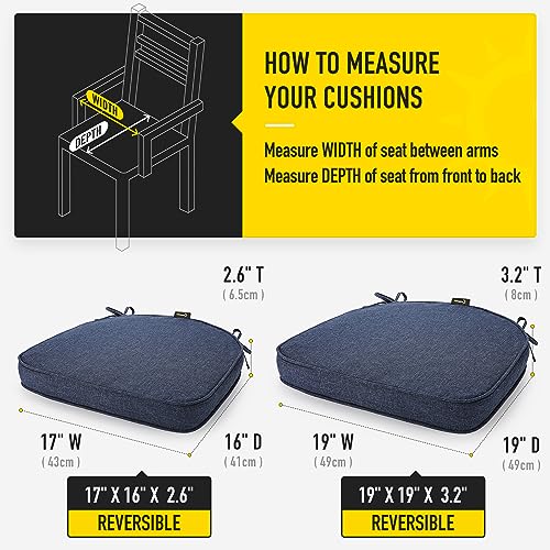 SUNROX Gel Memory Foam Chair Cushion with Ties, Ultra Durable Water Resistant FadeShield Outdoor/Indoor Reversible Chair Seat Cushion 17 x 16 inch Set of 4, Heather Indigo