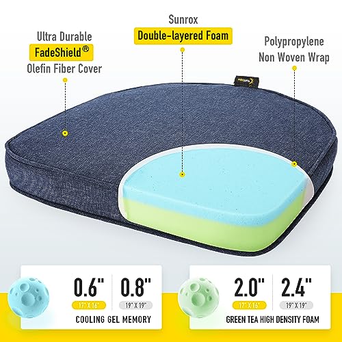 SUNROX Gel Memory Foam Chair Cushion with Ties, Ultra Durable Water Resistant FadeShield Outdoor/Indoor Reversible Chair Seat Cushion 17 x 16 inch Set of 4, Heather Indigo