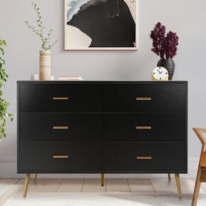 maisonpex 6 drawer dresser with metal handles , black modern wood ,chest of drawers, sturdy frame bedroom furniture with drawers for closet hallway, living room