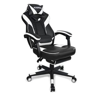 headmall gaming chair with footrest, office chair with lumbar support and headrest height adjustable gamer chair with 360°-swivel seat - black white
