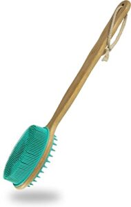 silicone body scrubber with long handle, dual-sided exfoliating back scrubber, 2 in 1 bath shower brush for dry and wet - green