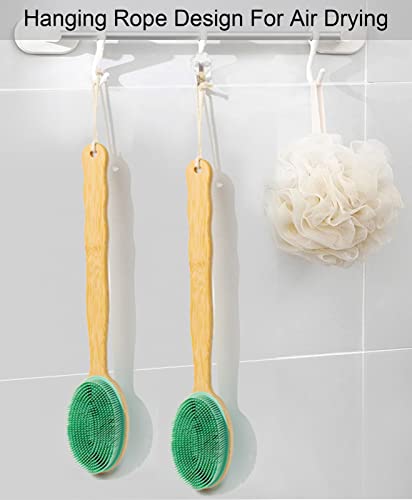 Silicone Body Scrubber with Long Handle, Dual-Sided Exfoliating Back Scrubber, 2 in 1 Bath Shower Brush for Dry and Wet - Green