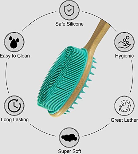 Silicone Body Scrubber with Long Handle, Dual-Sided Exfoliating Back Scrubber, 2 in 1 Bath Shower Brush for Dry and Wet - Green