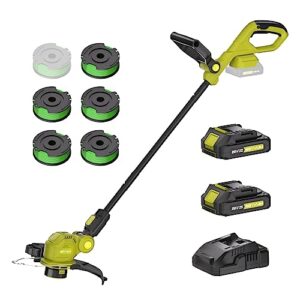 seyvum string trimmer,12-inch cordless weed wacker with auto line feed, 2 x 2.0ah battery powered weed eater, 20v lawn edger with 6 pcs grass cutter spool line, fast charger included