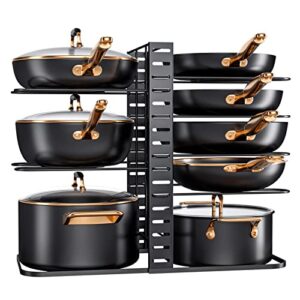 mudeela pots and pans organizer : rack for cabinet, 8-tier kitchen cabinet organizers and storage, adjustable pot racks, pot organizer rack for under cabinet with 3 diy methods