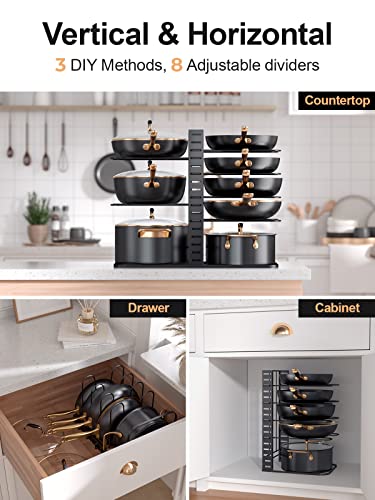 MUDEELA Pots and Pans Organizer : Rack for Cabinet, 8-Tier Kitchen Cabinet Organizers and Storage, Adjustable Pot Racks, Pot Organizer Rack for under Cabinet with 3 DIY Methods