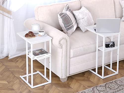 Yusong C Shaped End Table, Small Side Tables Slide Under Sofa Couch Bed, Small TV Tray Bedside Table for Small Spaces, Living Room, Bedroom, White