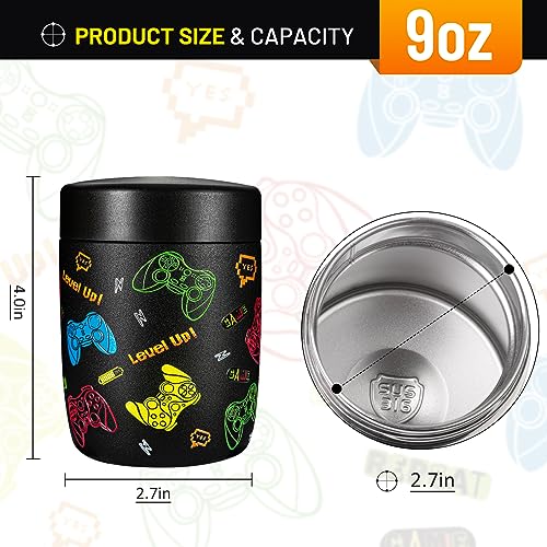 Charcy 9 Ounce Stainless Steel Vacuum Insulated Kids Food Jar - Soup Thermos for Hot & Cold Food - Black Video Game