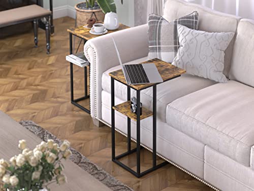 Yusong C Shaped End Table, Small Side Tables Slide Under Sofa Couch Bed, Small TV Tray Bedside Table for Small Spaces, Living Room, Bedroom, Brown