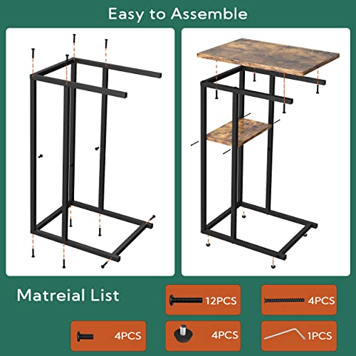 Yusong C Shaped End Table, Small Side Tables Slide Under Sofa Couch Bed, Small TV Tray Bedside Table for Small Spaces, Living Room, Bedroom, Brown
