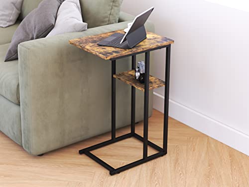 Yusong C Shaped End Table, Small Side Tables Slide Under Sofa Couch Bed, Small TV Tray Bedside Table for Small Spaces, Living Room, Bedroom, Brown