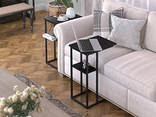 Yusong C Shaped End Table, Small Side Tables Slide Under Sofa Couch Bed, Small TV Tray Bedside Table for Small Spaces, Living Room, Bedroom, Black