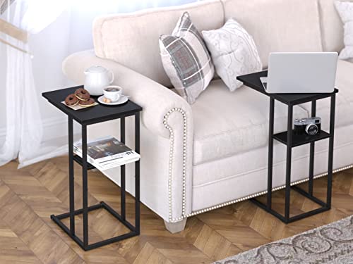 Yusong C Shaped End Table, Small Side Tables Slide Under Sofa Couch Bed, Small TV Tray Bedside Table for Small Spaces, Living Room, Bedroom, Black