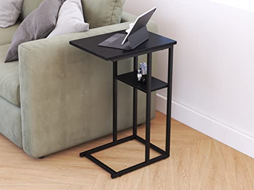 Yusong C Shaped End Table, Small Side Tables Slide Under Sofa Couch Bed, Small TV Tray Bedside Table for Small Spaces, Living Room, Bedroom, Black