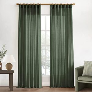 olive green linen curtains for living room 2 panels set 84 inch length,back tab hooks long window treatments curtain drapes,light filtering semi sheer boho curtains for bedroom aesthetic neutral decor