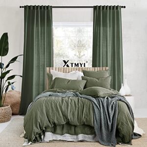 Olive Green Linen Curtains for Living Room 2 Panels Set 84 Inch Length,Back Tab Hooks Long Window Treatments Curtain Drapes,Light Filtering Semi Sheer Boho Curtains for Bedroom Aesthetic Neutral Decor