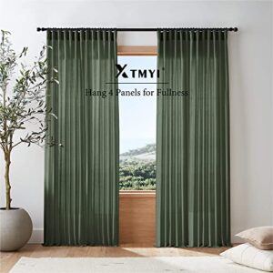 Olive Green Linen Curtains for Living Room 2 Panels Set 84 Inch Length,Back Tab Hooks Long Window Treatments Curtain Drapes,Light Filtering Semi Sheer Boho Curtains for Bedroom Aesthetic Neutral Decor