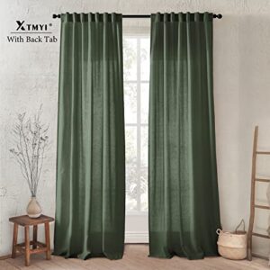 Olive Green Linen Curtains for Living Room 2 Panels Set 84 Inch Length,Back Tab Hooks Long Window Treatments Curtain Drapes,Light Filtering Semi Sheer Boho Curtains for Bedroom Aesthetic Neutral Decor