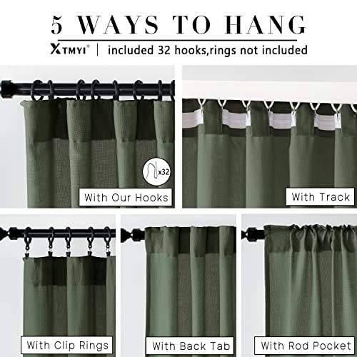 Olive Green Linen Curtains for Living Room 2 Panels Set 84 Inch Length,Back Tab Hooks Long Window Treatments Curtain Drapes,Light Filtering Semi Sheer Boho Curtains for Bedroom Aesthetic Neutral Decor