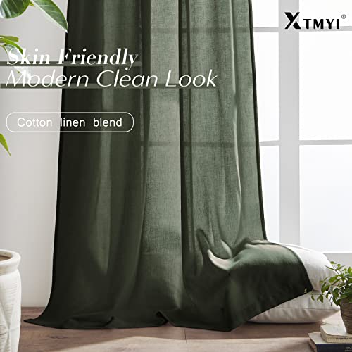 Olive Green Linen Curtains for Living Room 2 Panels Set 84 Inch Length,Back Tab Hooks Long Window Treatments Curtain Drapes,Light Filtering Semi Sheer Boho Curtains for Bedroom Aesthetic Neutral Decor