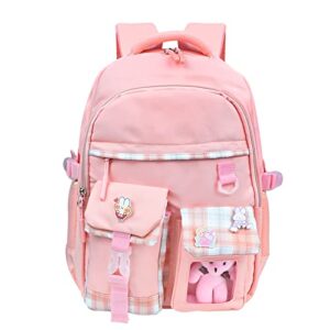 kingbig girls school backpack with cute pin accessories plush pendant kawaii school backpack cute aesthetic backpack for teens girls women students (pink)