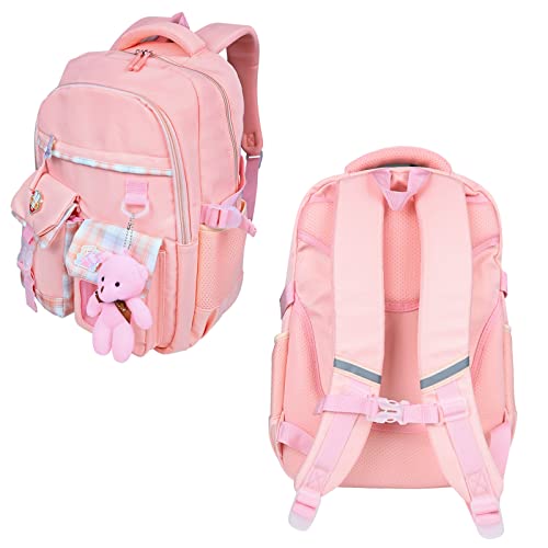 KingBig Girls School Backpack with Cute Pin Accessories Plush Pendant Kawaii School Backpack Cute Aesthetic Backpack for Teens Girls Women Students (Pink)