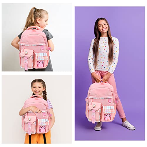 KingBig Girls School Backpack with Cute Pin Accessories Plush Pendant Kawaii School Backpack Cute Aesthetic Backpack for Teens Girls Women Students (Pink)