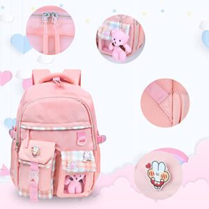 KingBig Girls School Backpack with Cute Pin Accessories Plush Pendant Kawaii School Backpack Cute Aesthetic Backpack for Teens Girls Women Students (Pink)