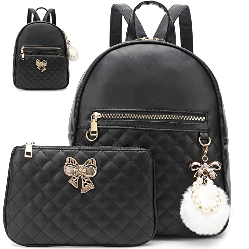 BESYIGA Backpack Purse for Women, Mini Leather Backpack for Women Chain Shoulder Travel Bag with Detachable Handbag, 2 Pieces（Black）