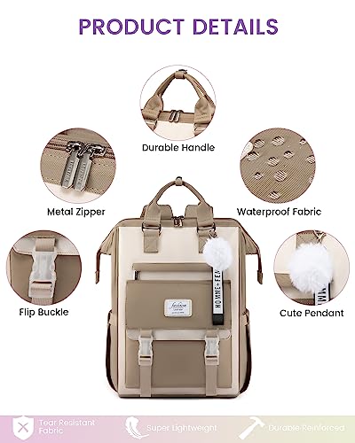 LOVEVOOK Laptop Backpack for Women,15.6 Inch College Backpack,Light Weight Travel Backpack Waterproof Casual Daypack Computer Backpack fits Travel Work Casual（Coffee&Beige）