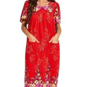 Ekouaer Women's House Dress Short Sleeve Sleepwear Mumu Lounge Wear Old Lady Nightgown Floral Print Night Dress with Pockets, Red, XXX-Large