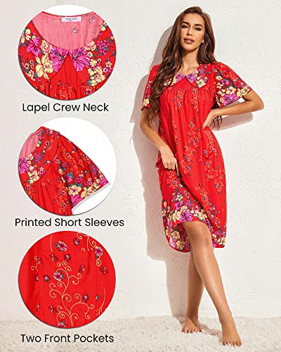 Ekouaer Women's House Dress Short Sleeve Sleepwear Mumu Lounge Wear Old Lady Nightgown Floral Print Night Dress with Pockets, Red, XXX-Large