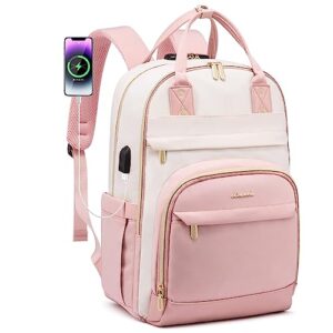 LOVEVOOK Laptop Backpack for Women, Fits 17 Inch Laptop Bag, Fashion Travel Work Anti-theft Bag, Business Computer Waterproof Backpack Purse, University Backpacks, Beige-Pink-Pink