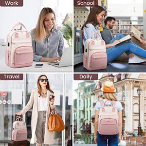 LOVEVOOK Laptop Backpack for Women, Fits 17 Inch Laptop Bag, Fashion Travel Work Anti-theft Bag, Business Computer Waterproof Backpack Purse, University Backpacks, Beige-Pink-Pink