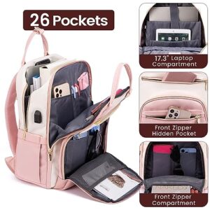 LOVEVOOK Laptop Backpack for Women, Fits 17 Inch Laptop Bag, Fashion Travel Work Anti-theft Bag, Business Computer Waterproof Backpack Purse, University Backpacks, Beige-Pink-Pink