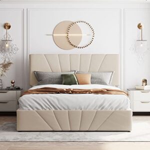 kelria queen size upholstered platform bed with a hydraulic storage system, for bedroom, guest room, children room, wooden construction, easy to assemble, beige