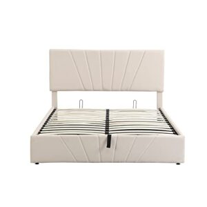 KELRIA Queen Size Upholstered Platform Bed with a Hydraulic Storage System, for Bedroom, Guest Room, Children Room, Wooden Construction, Easy to Assemble, Beige