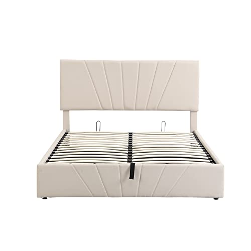 KELRIA Queen Size Upholstered Platform Bed with a Hydraulic Storage System, for Bedroom, Guest Room, Children Room, Wooden Construction, Easy to Assemble, Beige